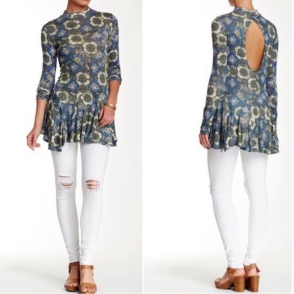 Free People Annabelle Mock Neck Tunic Dress in Cobalt Blue and Green Size Small - Picture 3 of 11